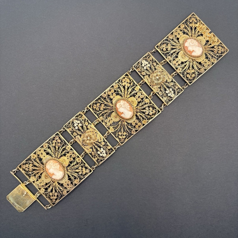Rare Vintage Silver 800 Gold Wash Filigree 3 Cameos Panel Bracelet 7.5" Floral